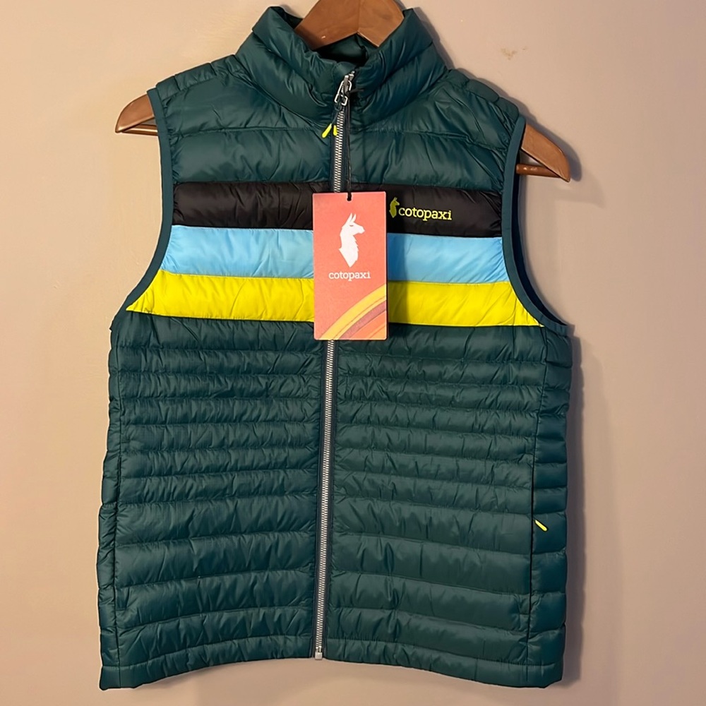 Cotopaxi Fuego Down Vest Women's Small - Deep Ocean (Green/Blue/Yellow)